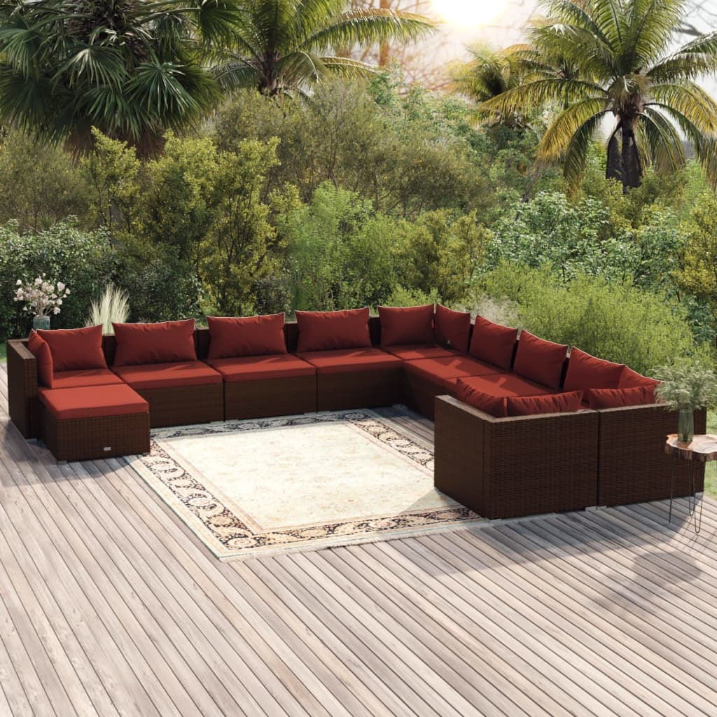 11 Piece Patio Lounge Set with Cushions Poly Rattan Brown