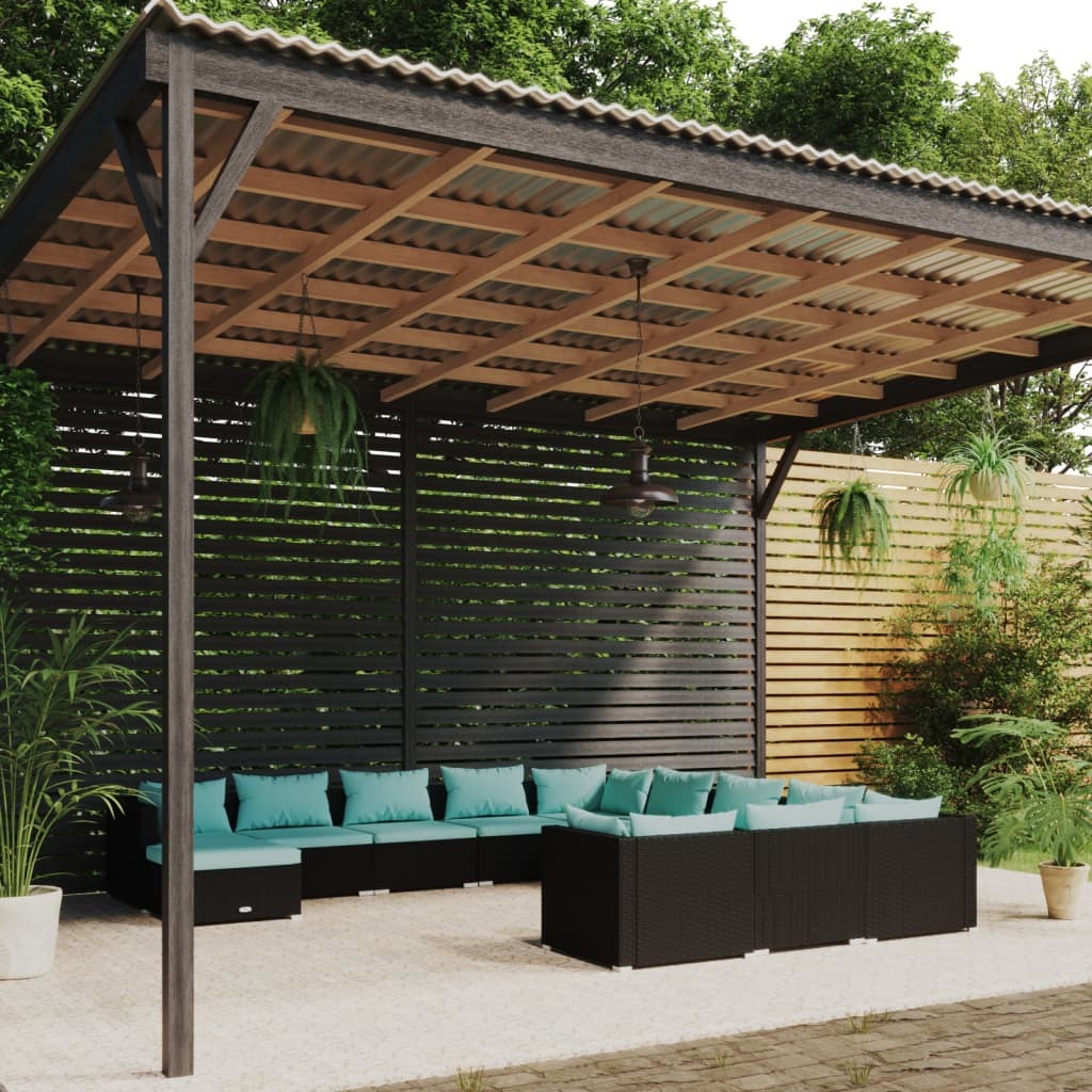 12 Piece Patio Lounge Set with Cushions Poly Rattan Black