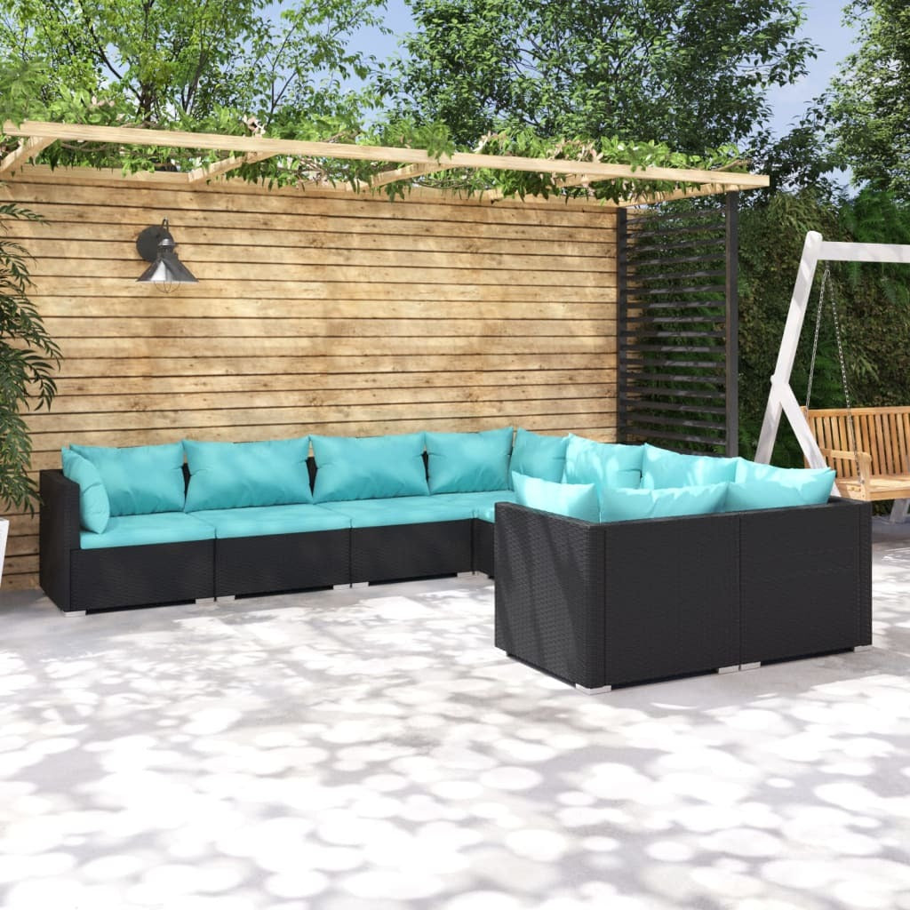 8 Piece Patio Lounge Set with Cushions Poly Rattan Black