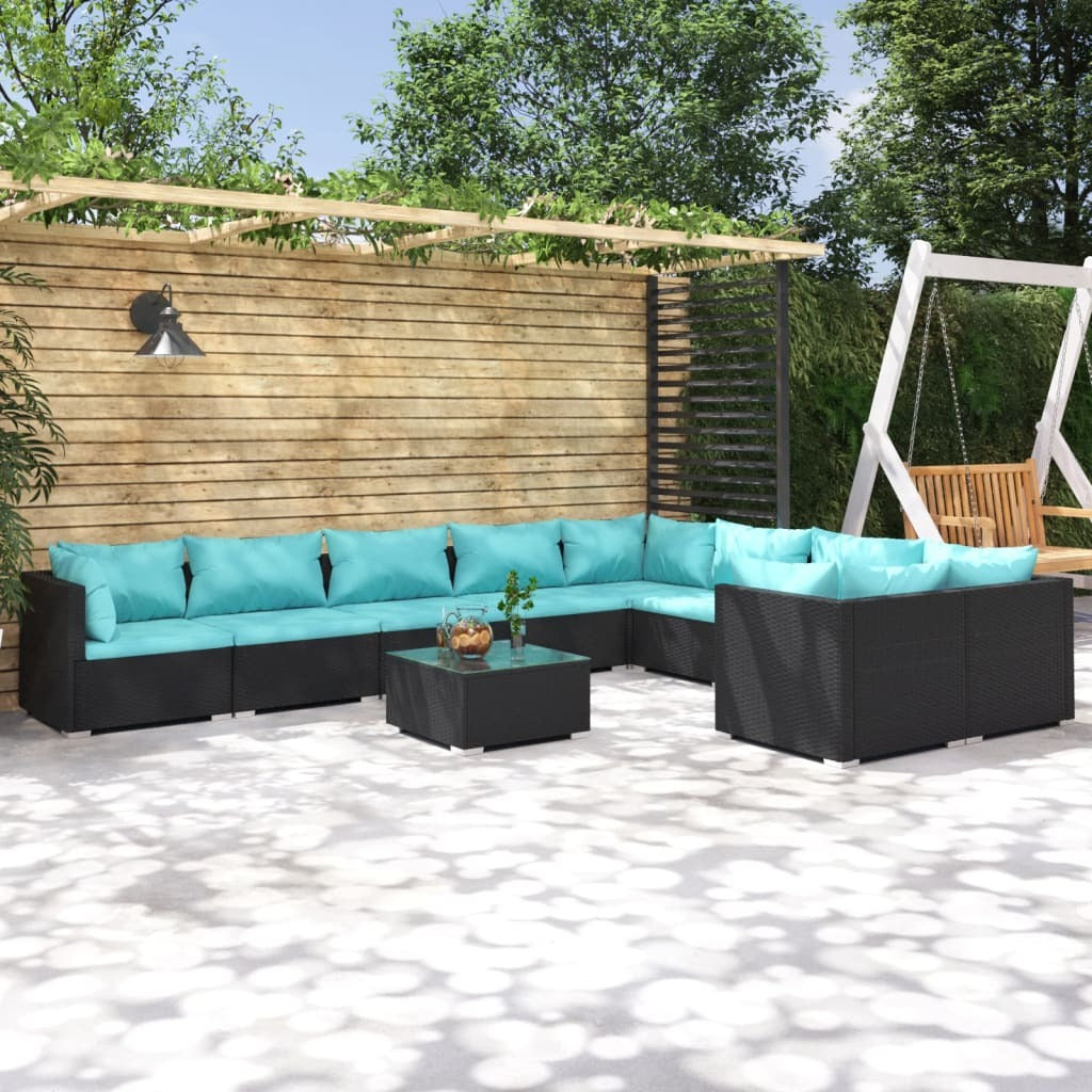 10 Piece Patio Lounge Set with Cushions Poly Rattan Black