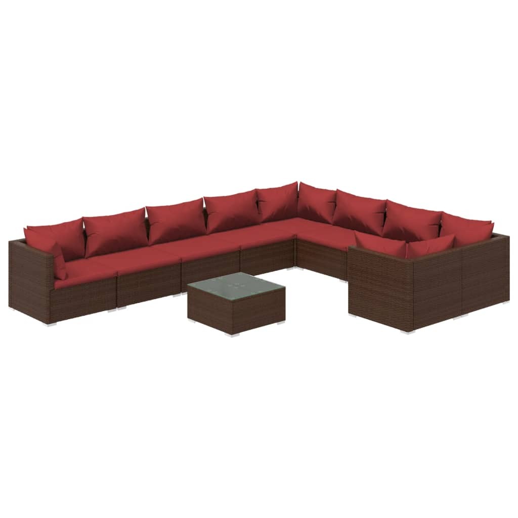 10 Piece Patio Lounge Set with Cushions Poly Rattan Brown