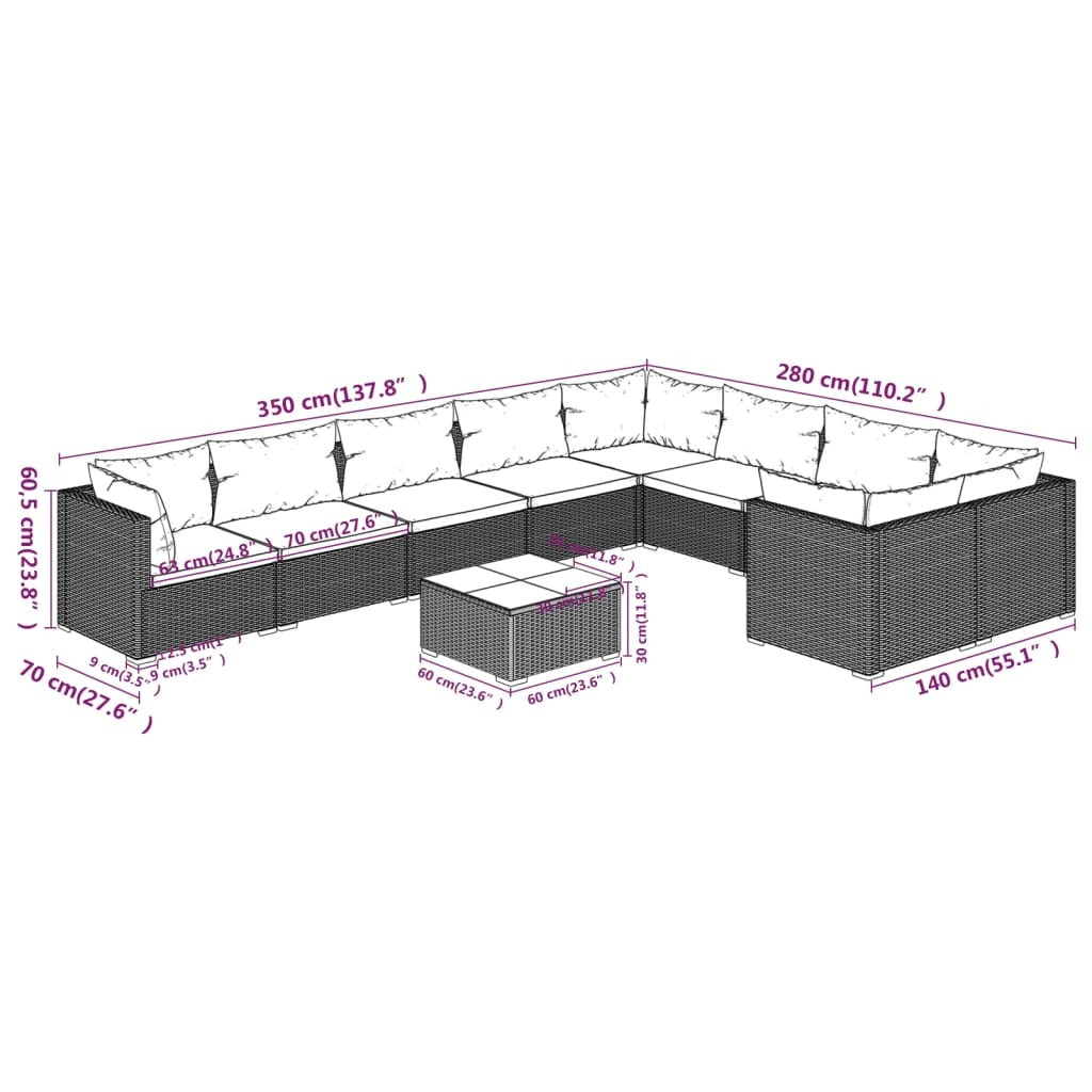 10 Piece Patio Lounge Set with Cushions Poly Rattan Brown