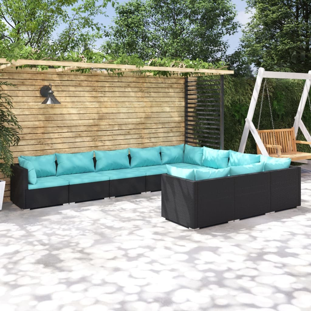 10 Piece Patio Lounge Set with Cushions Poly Rattan Black