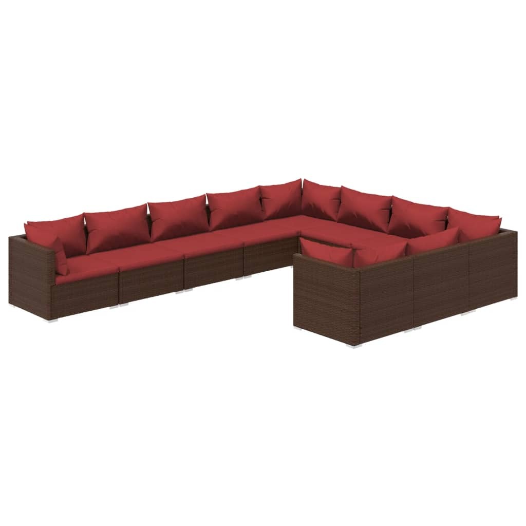 10 Piece Patio Lounge Set with Cushions Poly Rattan Brown