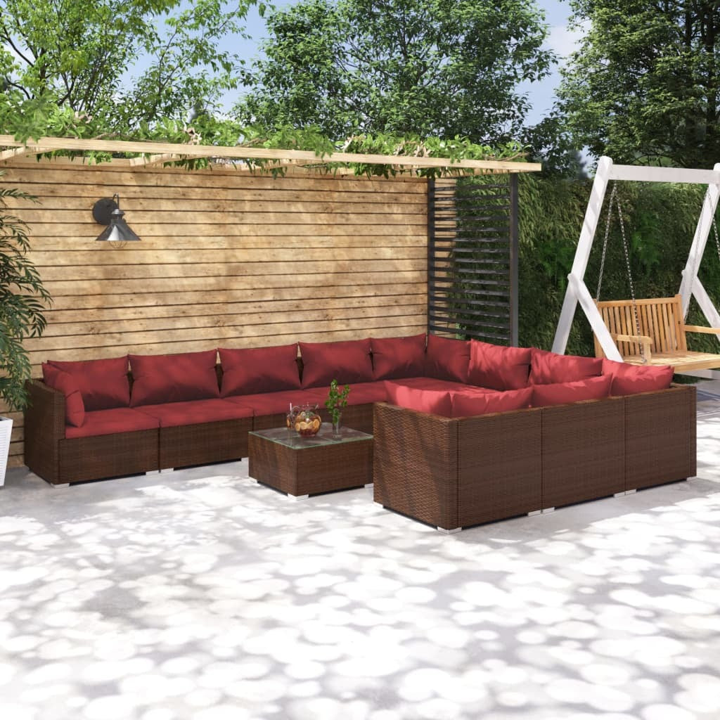 11 Piece Patio Lounge Set with Cushions Poly Rattan Brown