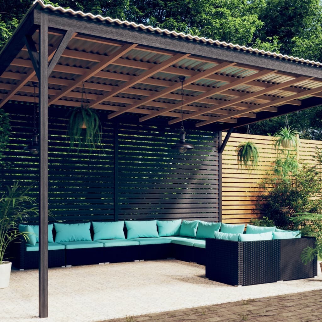 10 Piece Patio Lounge Set with Cushions Poly Rattan Black
