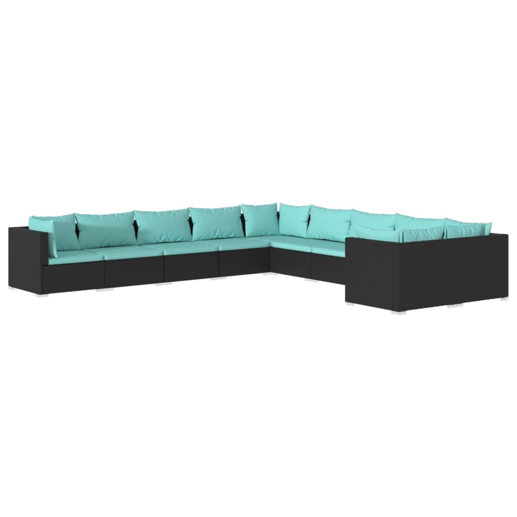 10 Piece Patio Lounge Set with Cushions Poly Rattan Black