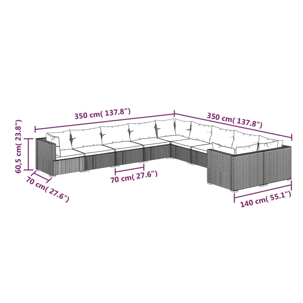 10 Piece Patio Lounge Set with Cushions Poly Rattan Black
