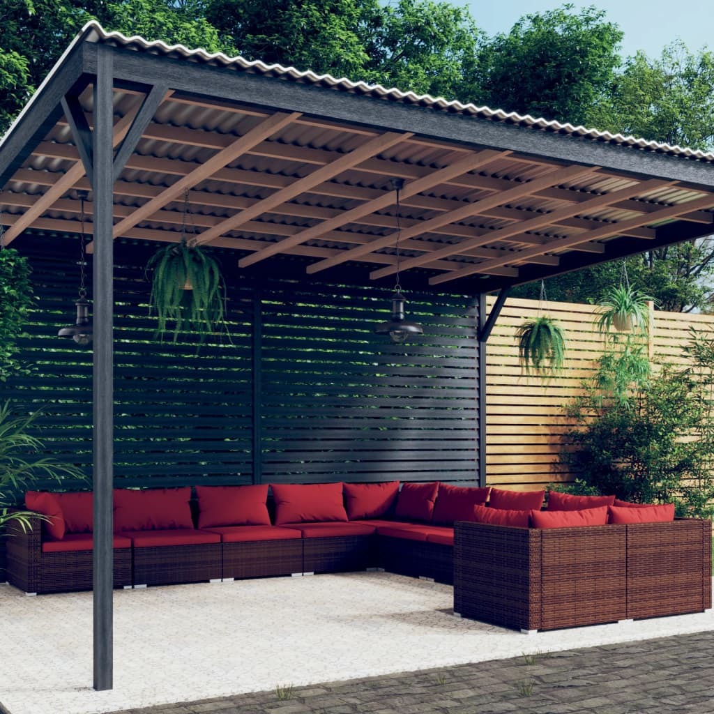 10 Piece Patio Lounge Set with Cushions Poly Rattan Brown