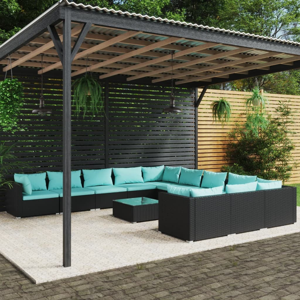 12 Piece Patio Lounge Set with Cushions Poly Rattan Black