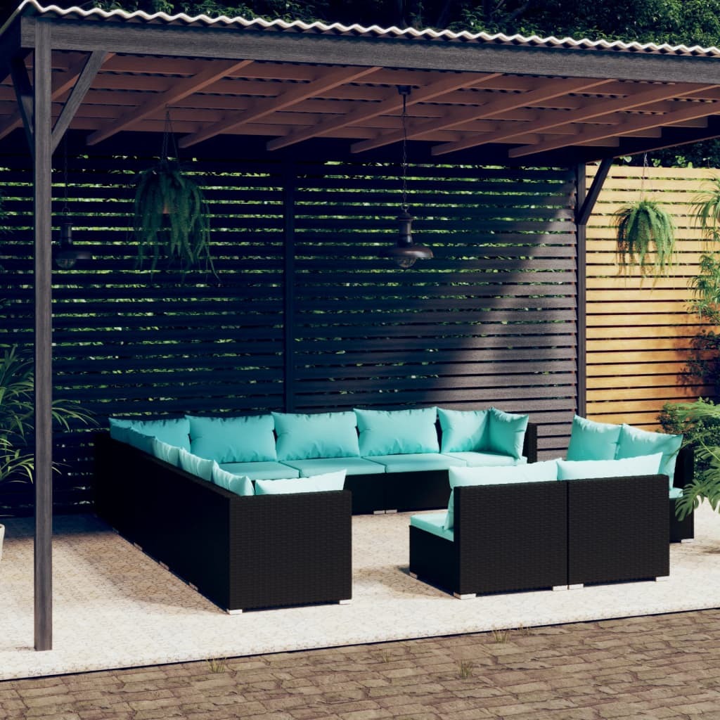 13 Piece Patio Lounge Set with Cushions Black Poly Rattan
