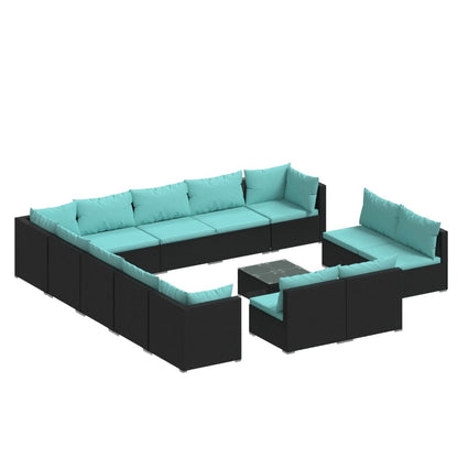 14 Piece Patio Lounge Set with Cushions Black Poly Rattan