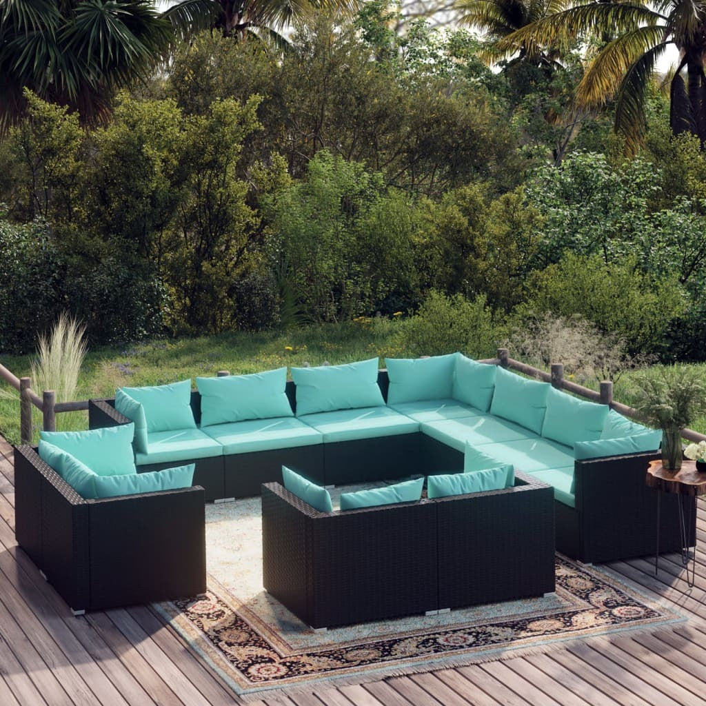 11 Piece Patio Lounge Set with Cushions Black Poly Rattan