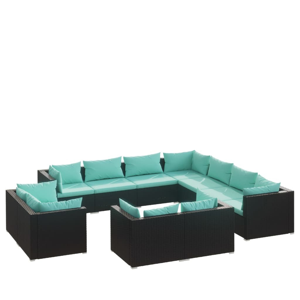 11 Piece Patio Lounge Set with Cushions Black Poly Rattan