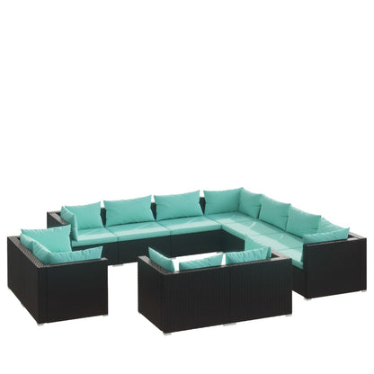 11 Piece Patio Lounge Set with Cushions Black Poly Rattan