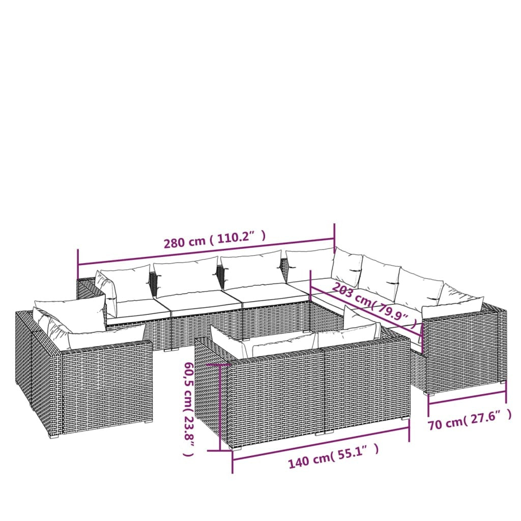11 Piece Patio Lounge Set with Cushions Black Poly Rattan