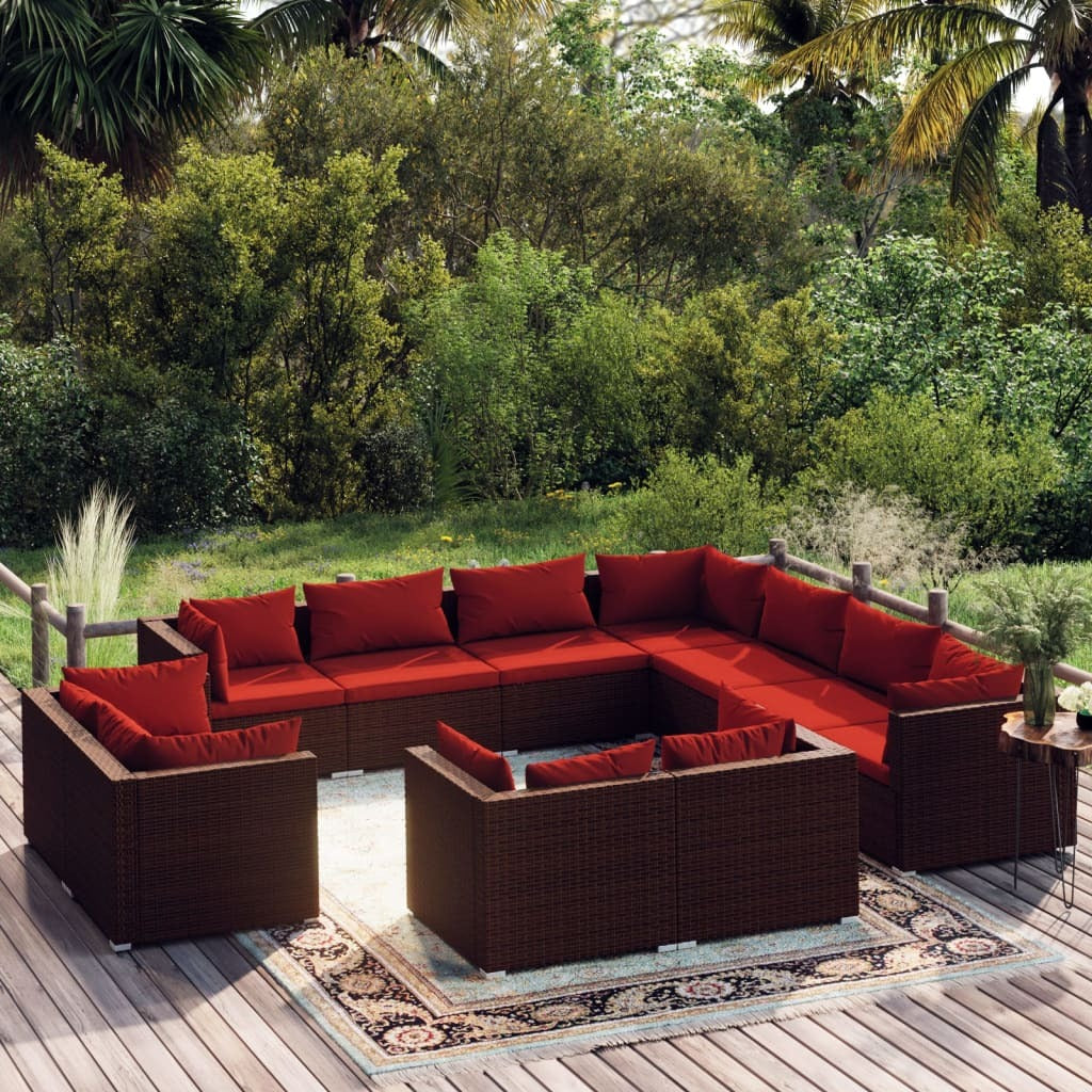 11 Piece Patio Lounge Set with Cushions Brown Poly Rattan
