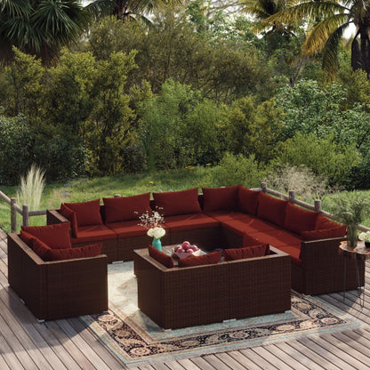 12 Piece Patio Lounge Set with Cushions Brown Poly Rattan