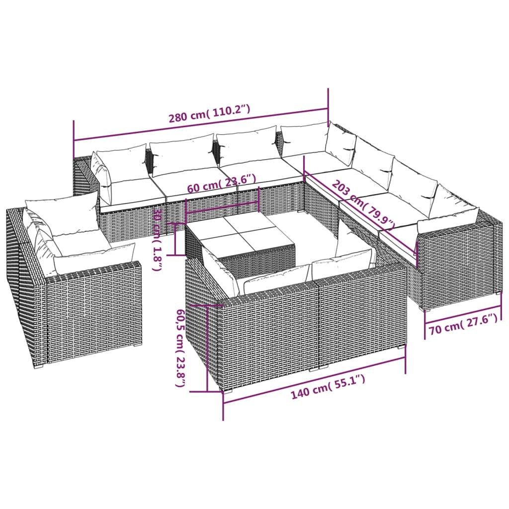 12 Piece Patio Lounge Set with Cushions Brown Poly Rattan