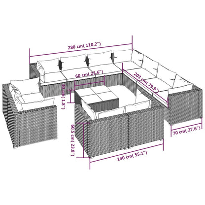 12 Piece Patio Lounge Set with Cushions Brown Poly Rattan