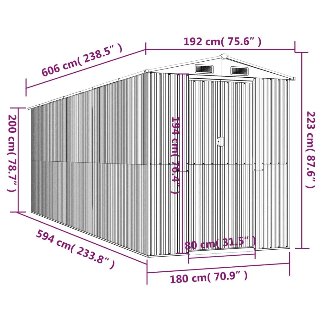 Garden Shed Light Gray 75.6"x238.6"x87.8" Galvanized Steel