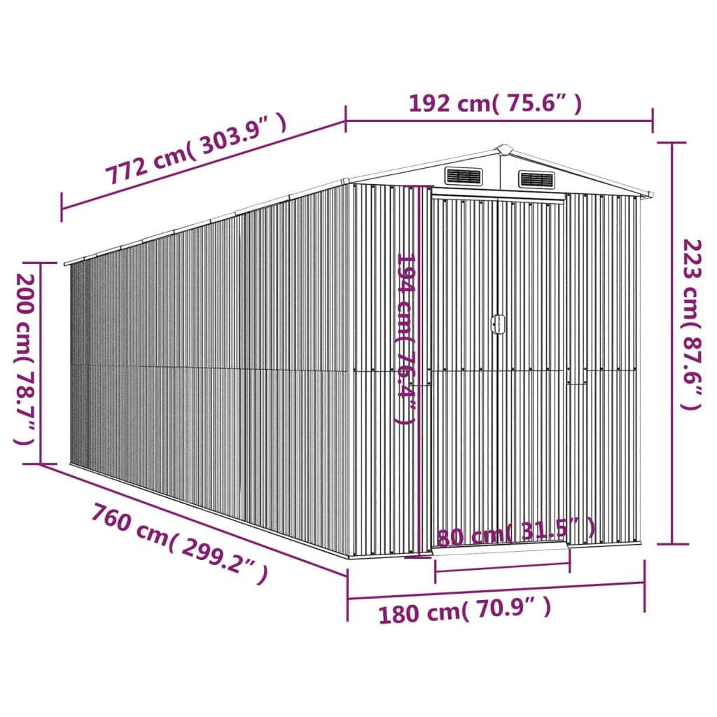 Garden Shed Light Gray 75.6"x303.9"x87.8" Galvanized Steel