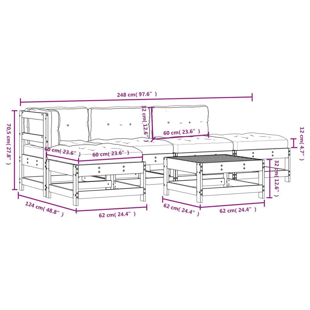 6 Piece Patio Lounge Set with Cushions Solid Wood
