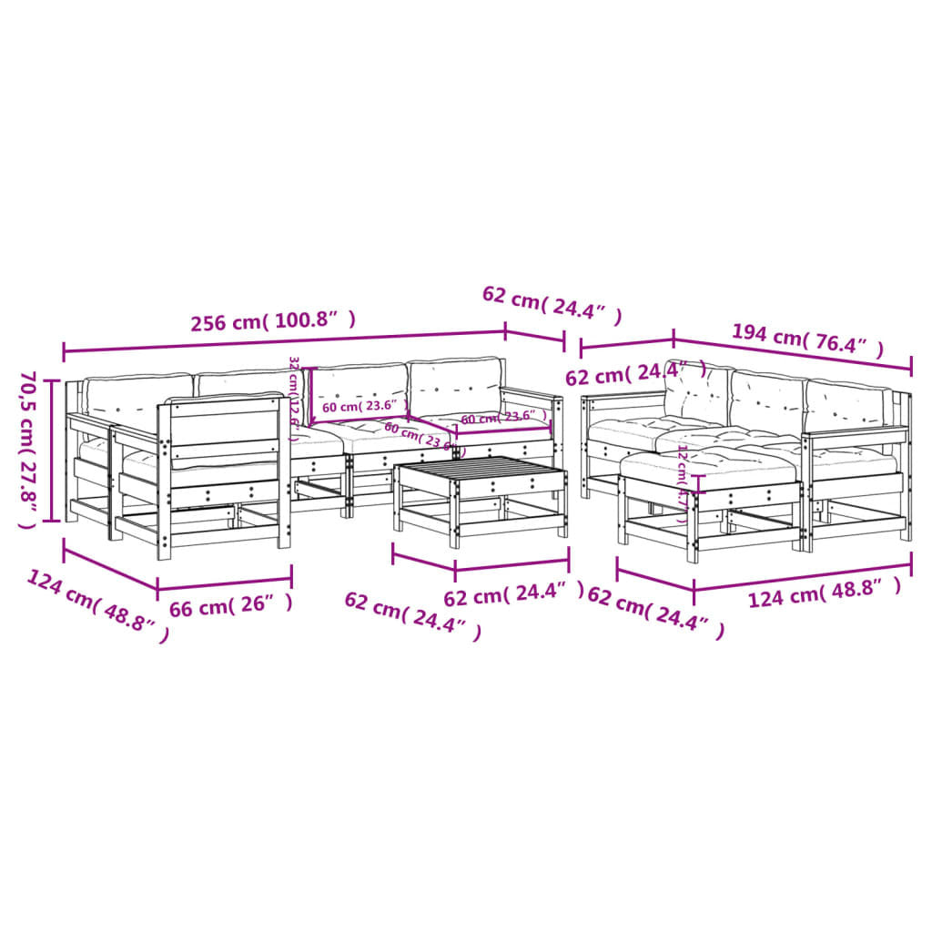 10 Piece Patio Lounge Set with Cushions Solid Wood