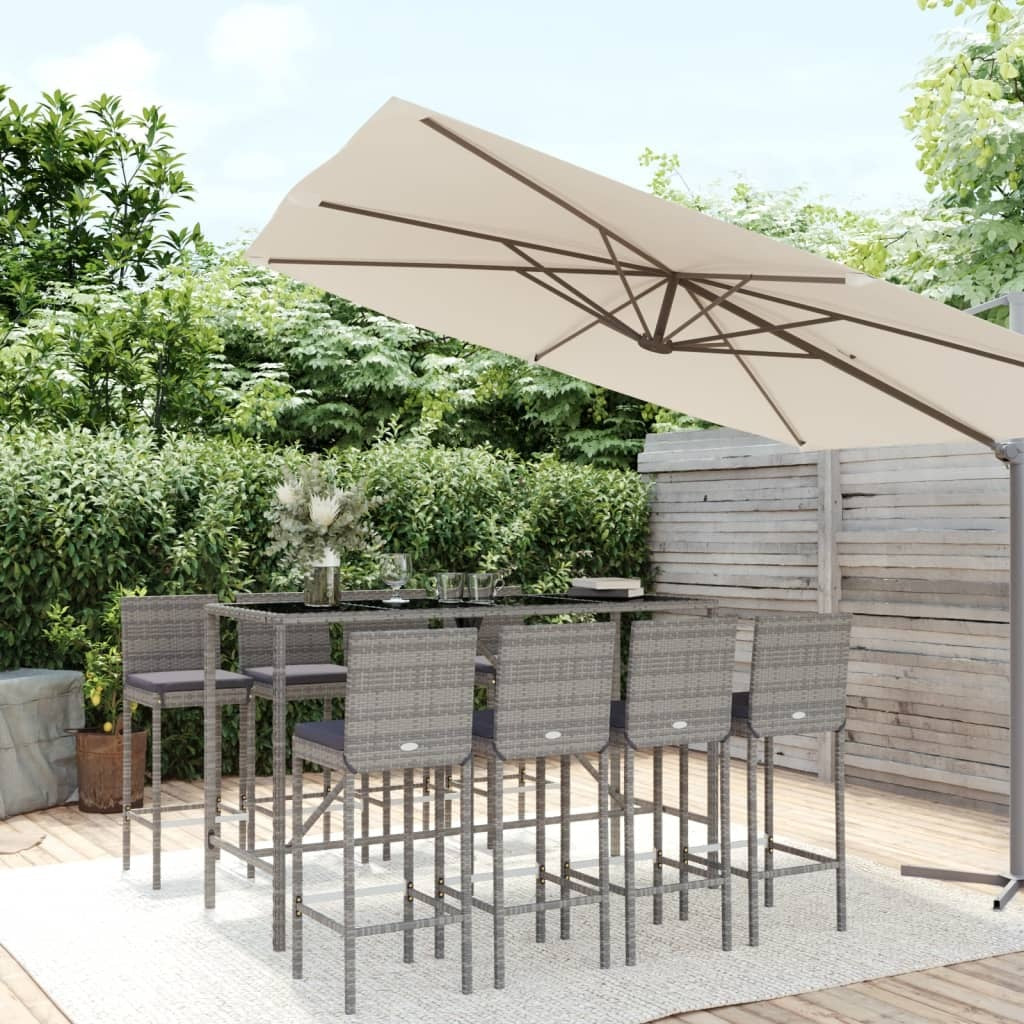9 Piece Patio Bar Set with Cushions Gray Poly Rattan
