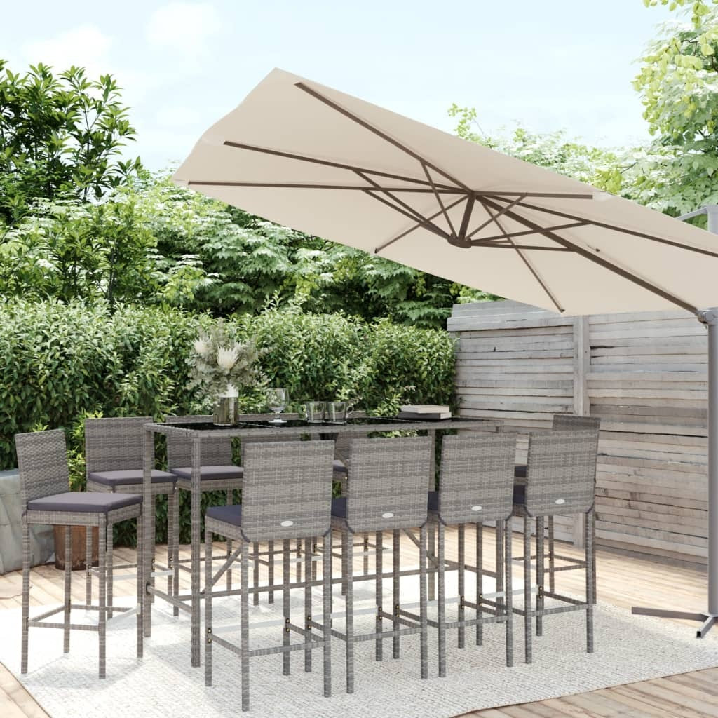 11 Piece Patio Bar Set with Cushions Gray Poly Rattan