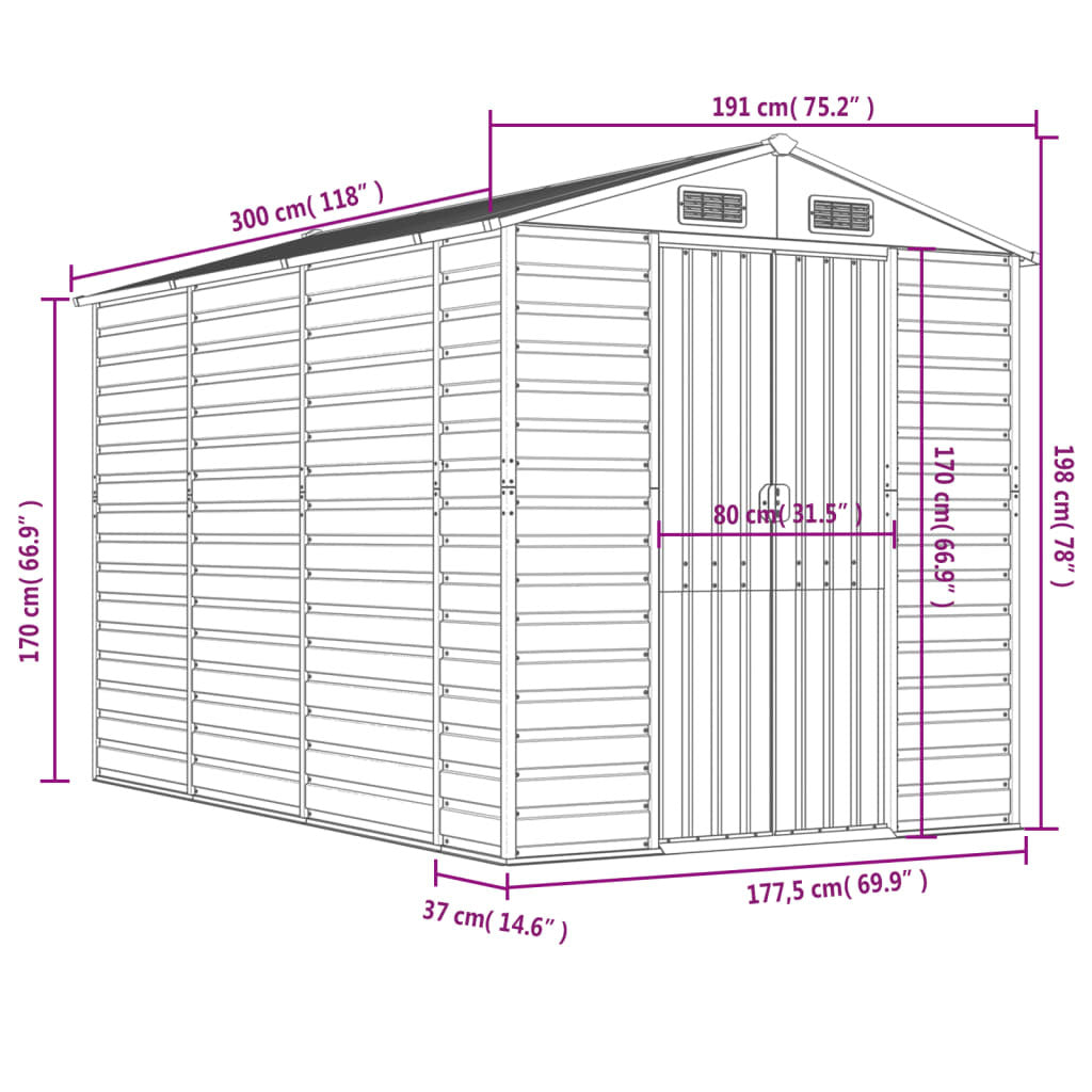 Garden Shed Anthracite 75.2"x118.1"x78" Galvanized Steel