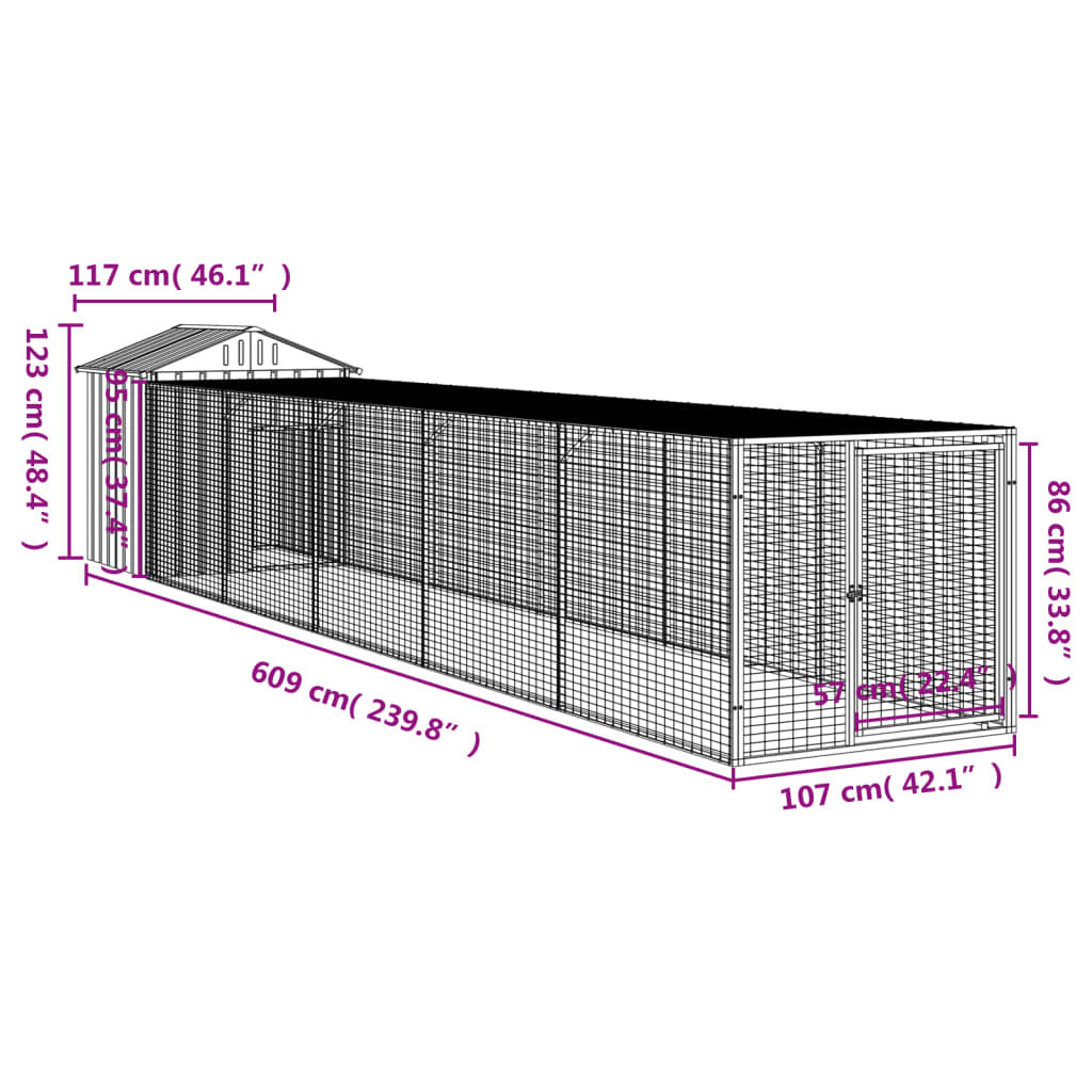 Chicken Cage with Run Light Gray 46.1"x239.8"x48.4" Galvanized Steel