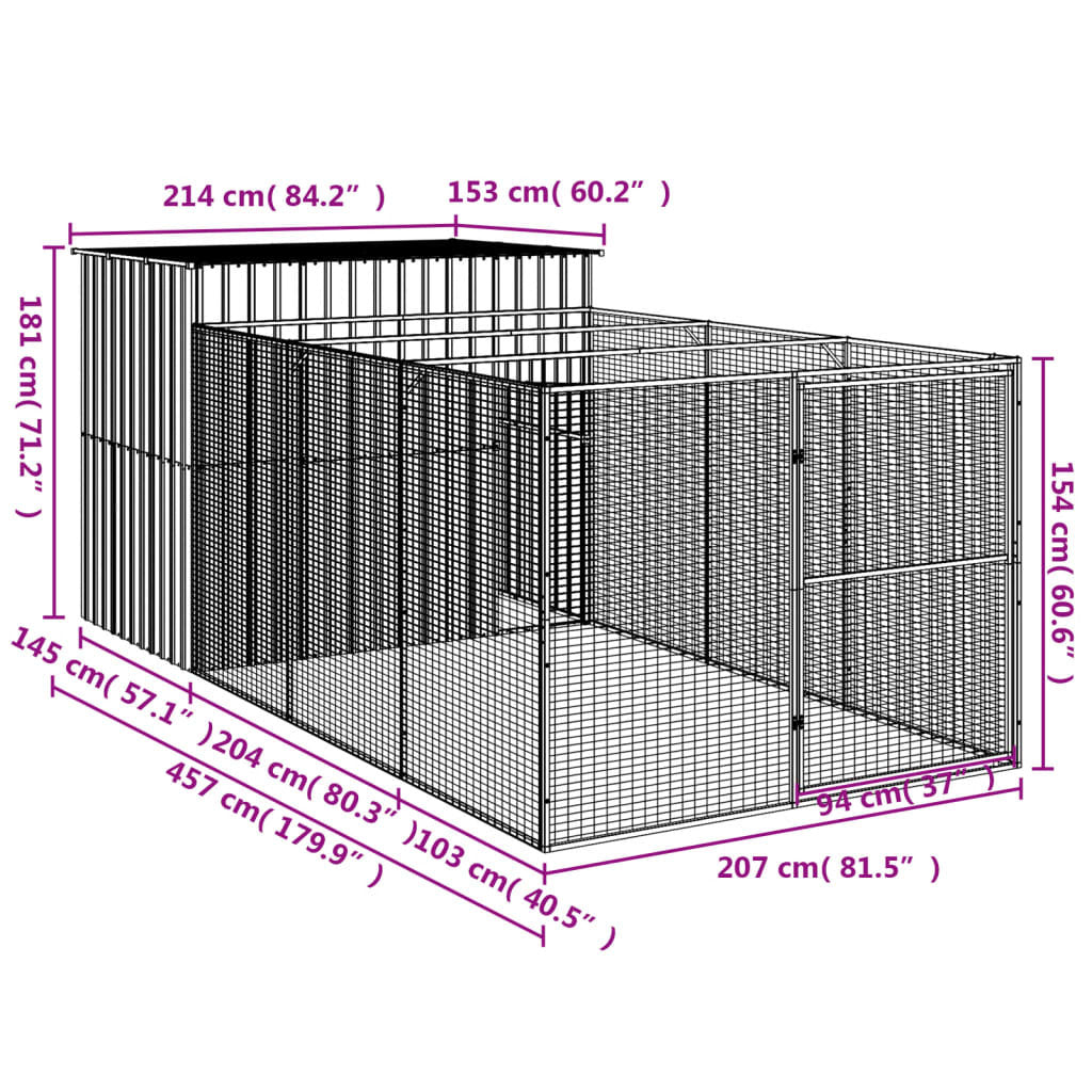 Dog House with Run Anthracite 84.3"x179.9"x71.3" Galvanized Steel