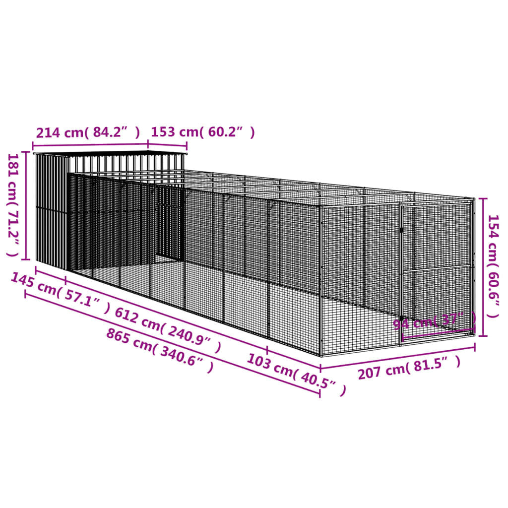Dog House with Run Anthracite 84.3"x340.6"x71.3" Galvanized Steel