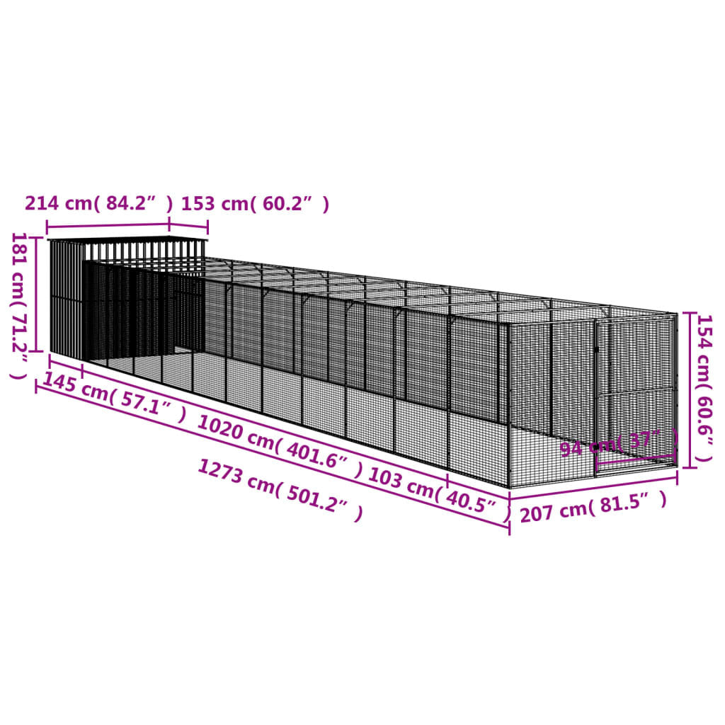 Dog House with Run Anthracite 84.3"x501.2"x71.3" Galvanized Steel