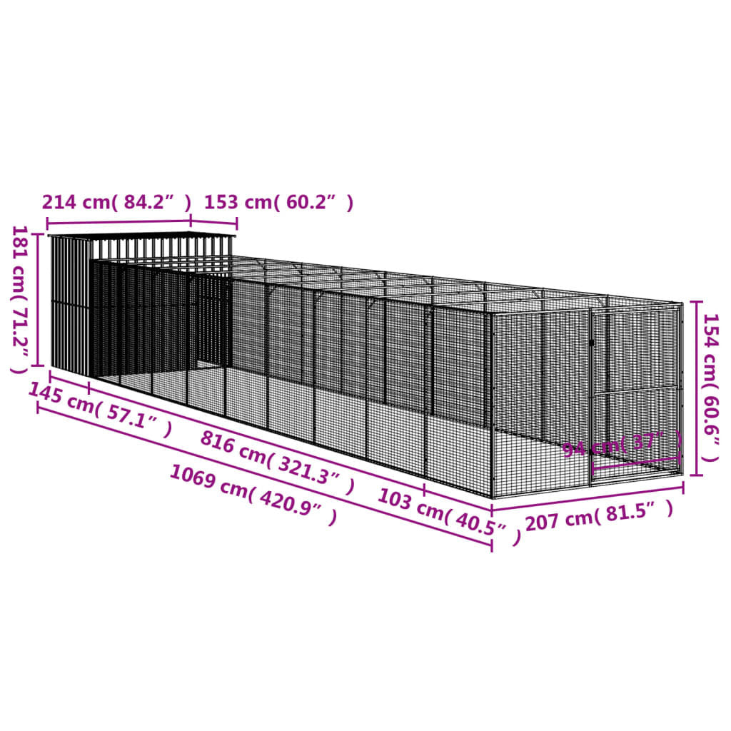 Dog House with Run Light Gray 84.3"x420.9"x71.3" Galvanized Steel