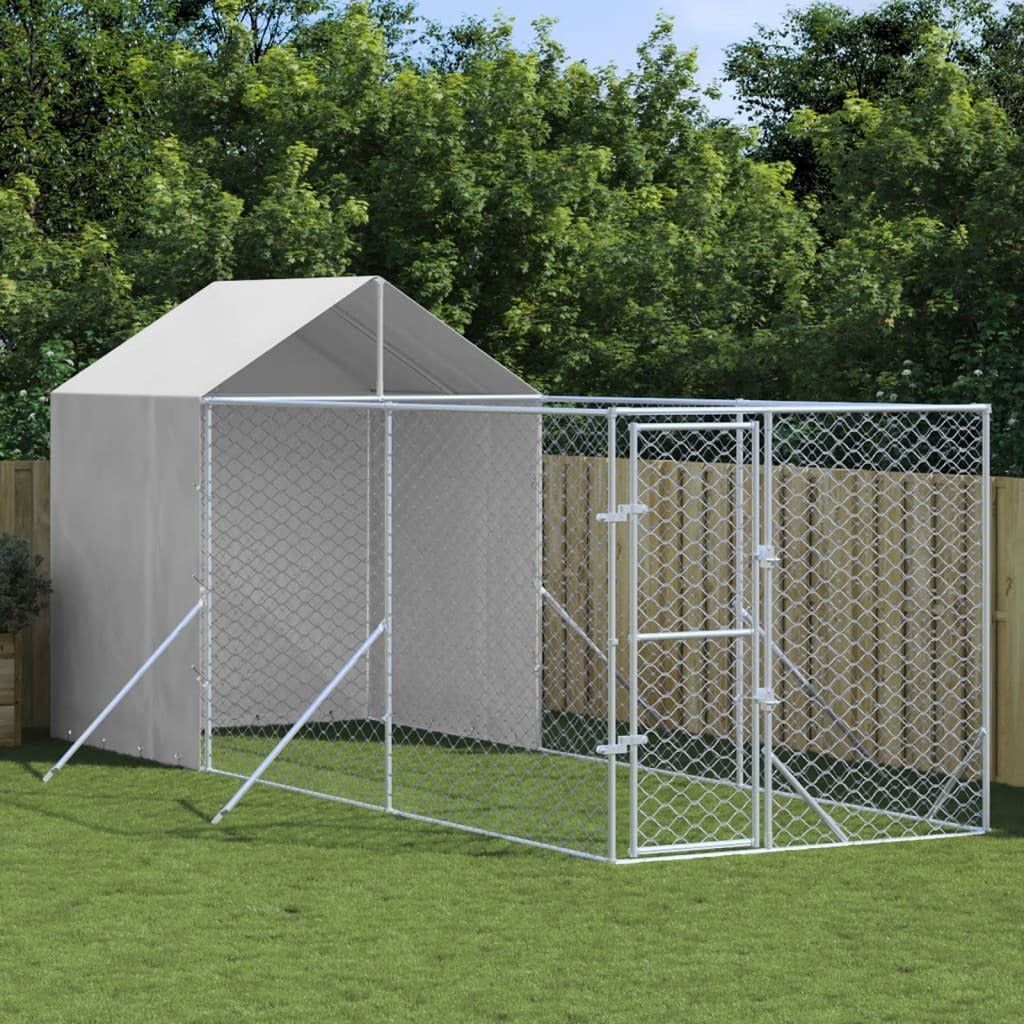 Outdoor Dog Kennel with Roof Silver 6.6‘x19.7‘x8.2‘ Galvanized Steel