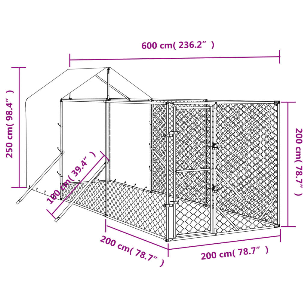 Outdoor Dog Kennel with Roof Silver 6.6‘x19.7‘x8.2‘ Galvanized Steel