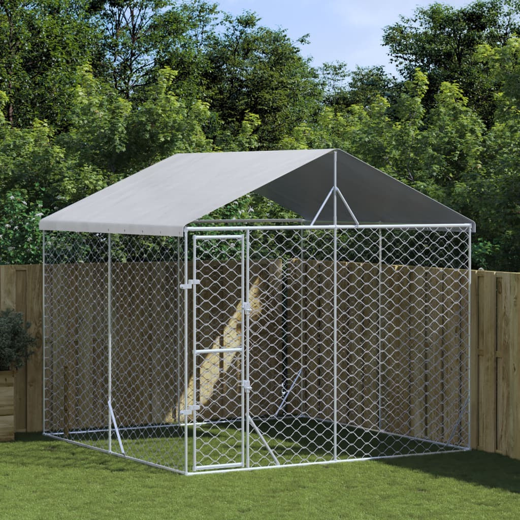 Outdoor Dog Kennel with Roof Silver 9.8‘x9.8‘x8.2‘ Galvanized Steel