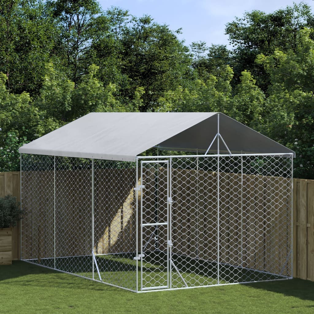 Outdoor Dog Kennel with Roof Silver 9.8‘x14.8‘x8.2‘ Galvanized Steel
