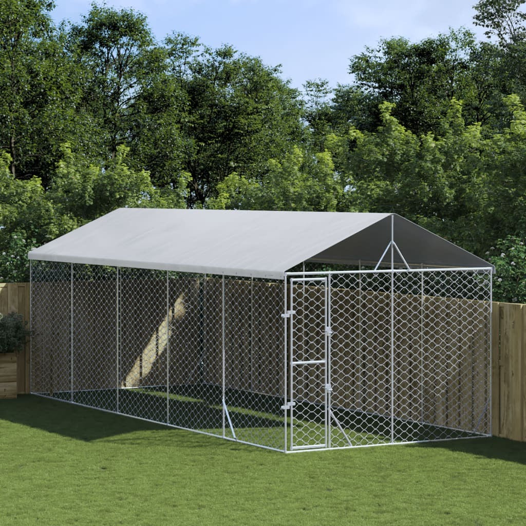 Outdoor Dog Kennel with Roof Silver 9.8‘x24.6‘x8.2‘ Galvanized Steel