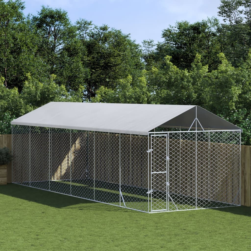 Outdoor Dog Kennel with Roof Silver 9.8‘x29.5‘x8.2‘ Galvanized Steel