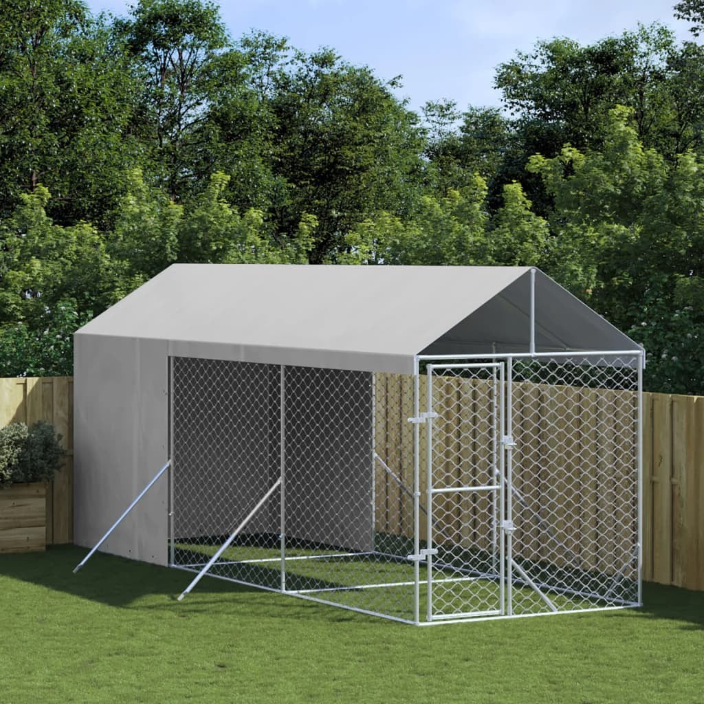 Outdoor Dog Kennel with Roof Silver 6.6‘x19.7‘x8.2‘ Galvanized Steel