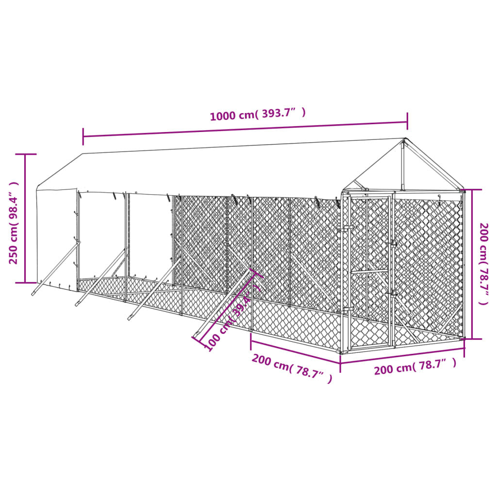 Outdoor Dog Kennel with Roof Silver 6.6‘x32.8‘x8.2‘ Galvanized Steel