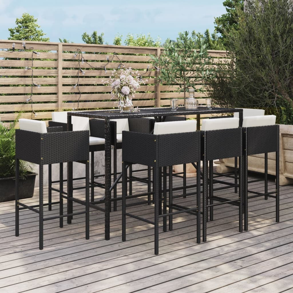 9 Piece Patio Bar Set with Cushions Black Poly Rattan