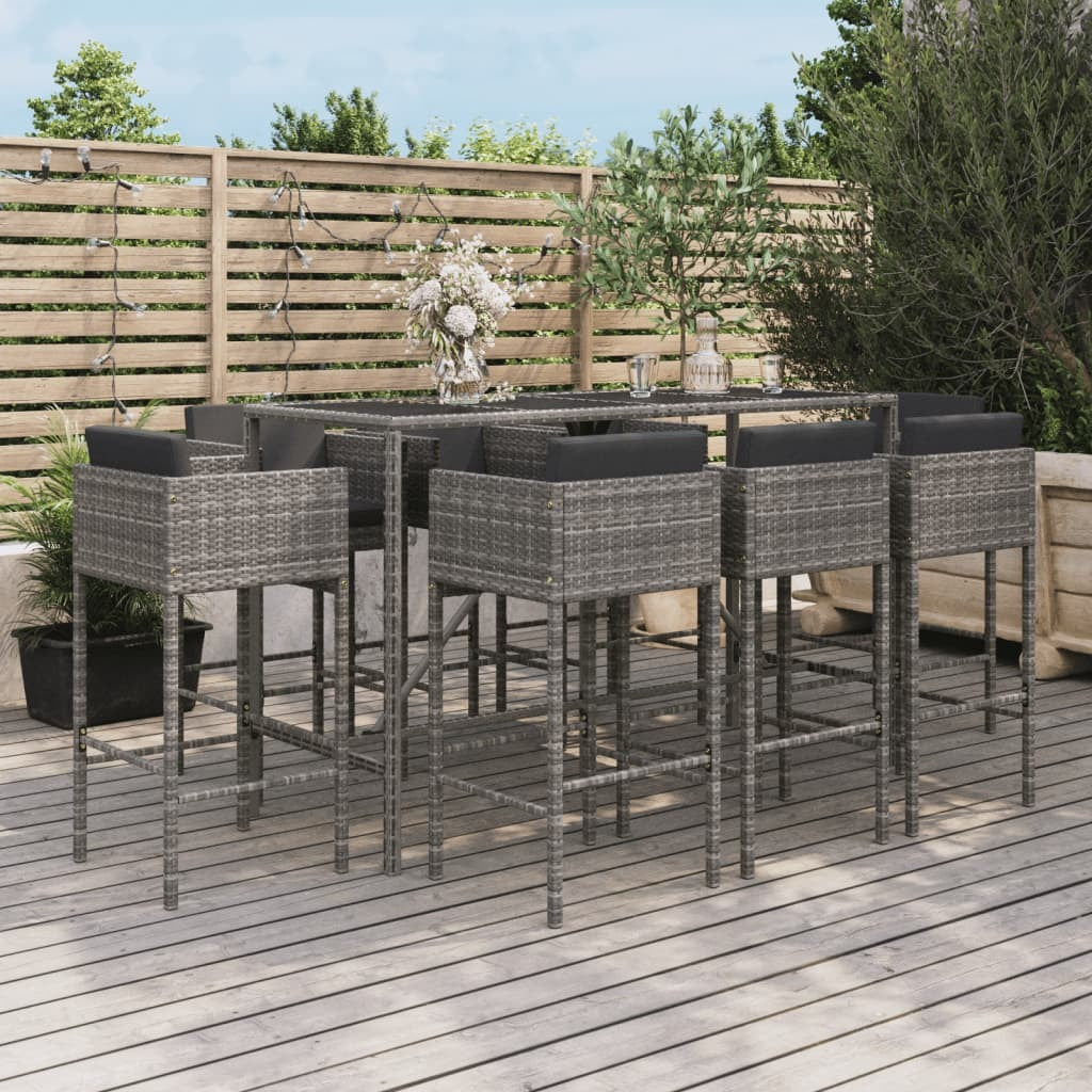 9 Piece Patio Bar Set with Cushions Gray Poly Rattan