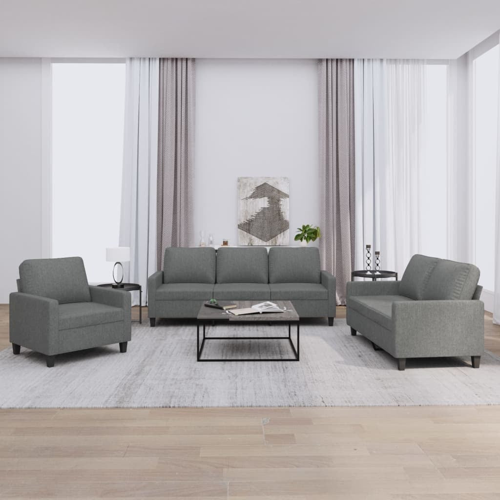3 Piece Sofa Set with Cushions Dark Gray Fabric