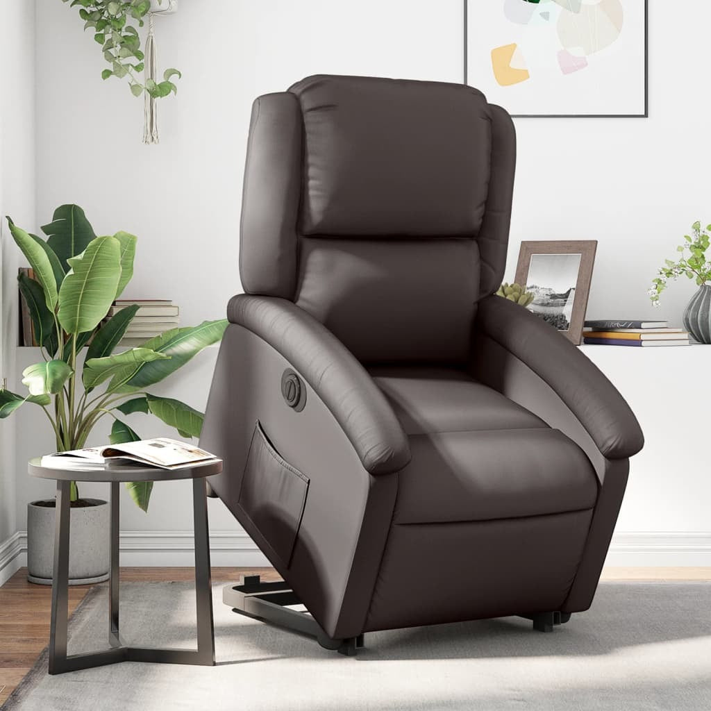 Electric Stand up Recliner Chair Dark Brown Real Leather