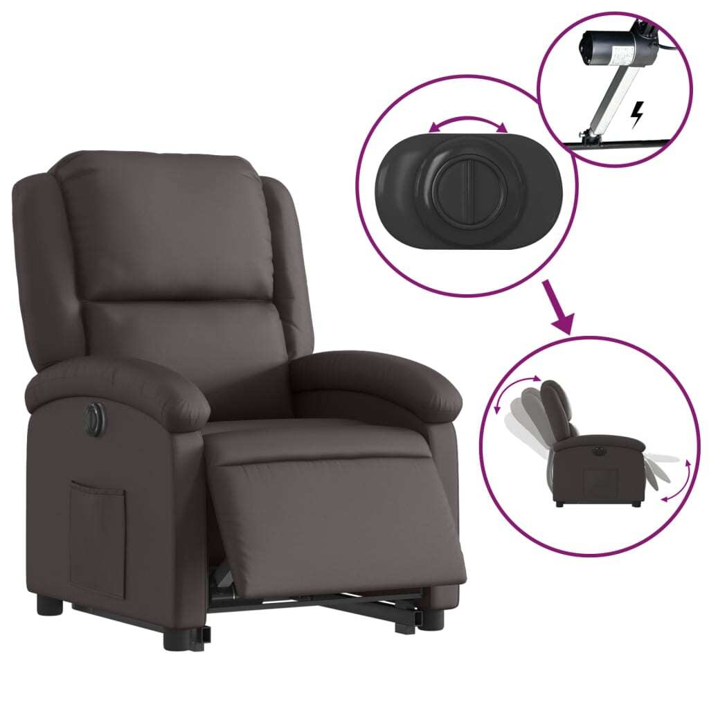 Electric Stand up Recliner Chair Dark Brown Real Leather