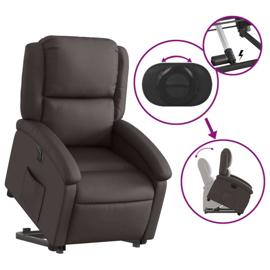 Electric Stand up Recliner Chair Dark Brown Real Leather